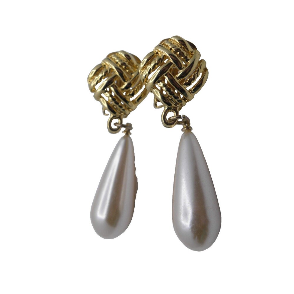Vintage Gold Tone Earrings Love Knot Faux Pearl Chunky Clip On Coquette Chic